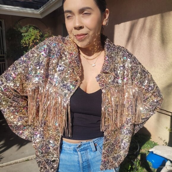 Miss me Sequin crop fringejaket rosegold size L - Picture 6 of 13